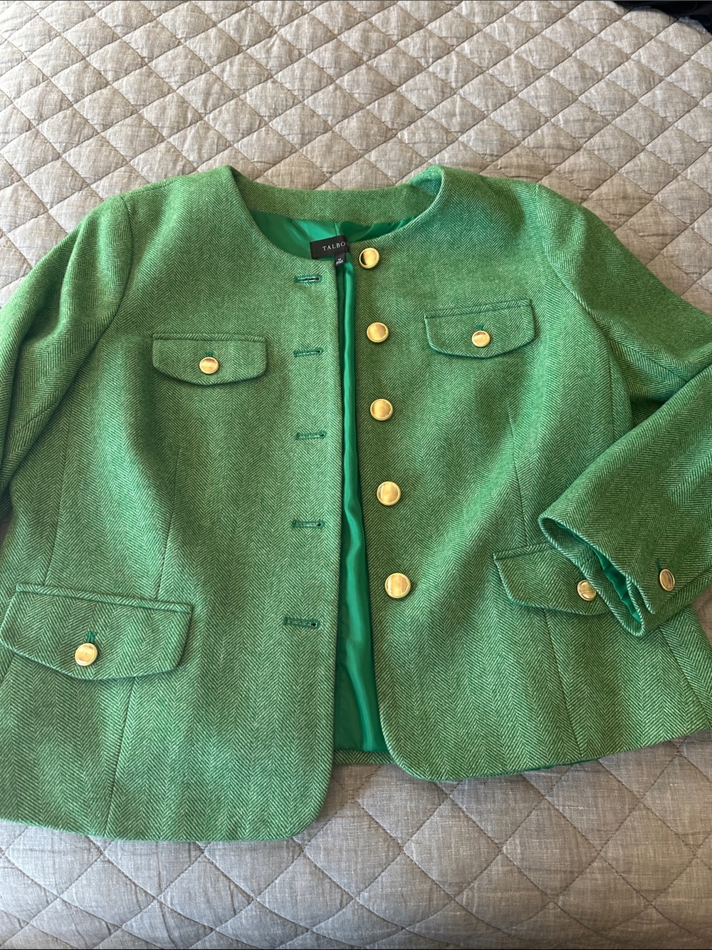 Talbots Bright Green Tweed Girls' Button Jacket with Gold Buttons